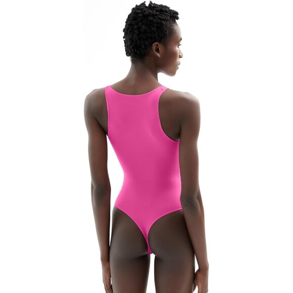 PUMIEY Women's High Neck Sleeveless Bodysuit Sexy Tank Tops Pink M - Picture 5 of 6